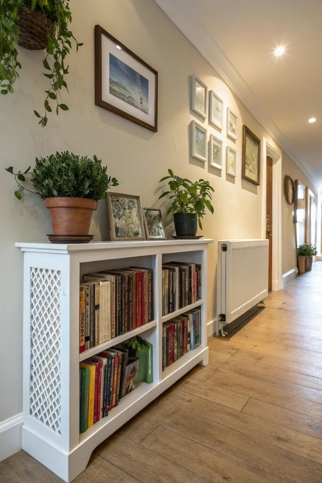 A radiator shield functioning as a practical shelving space.