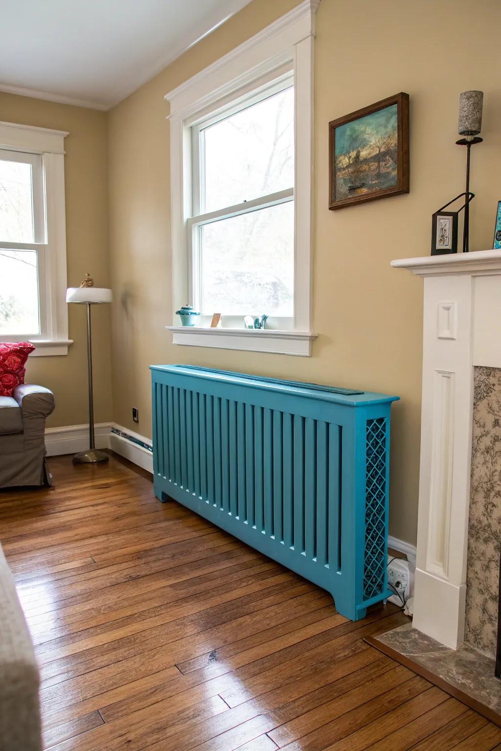 A painted radiator shield acting as a vibrant point of interest.