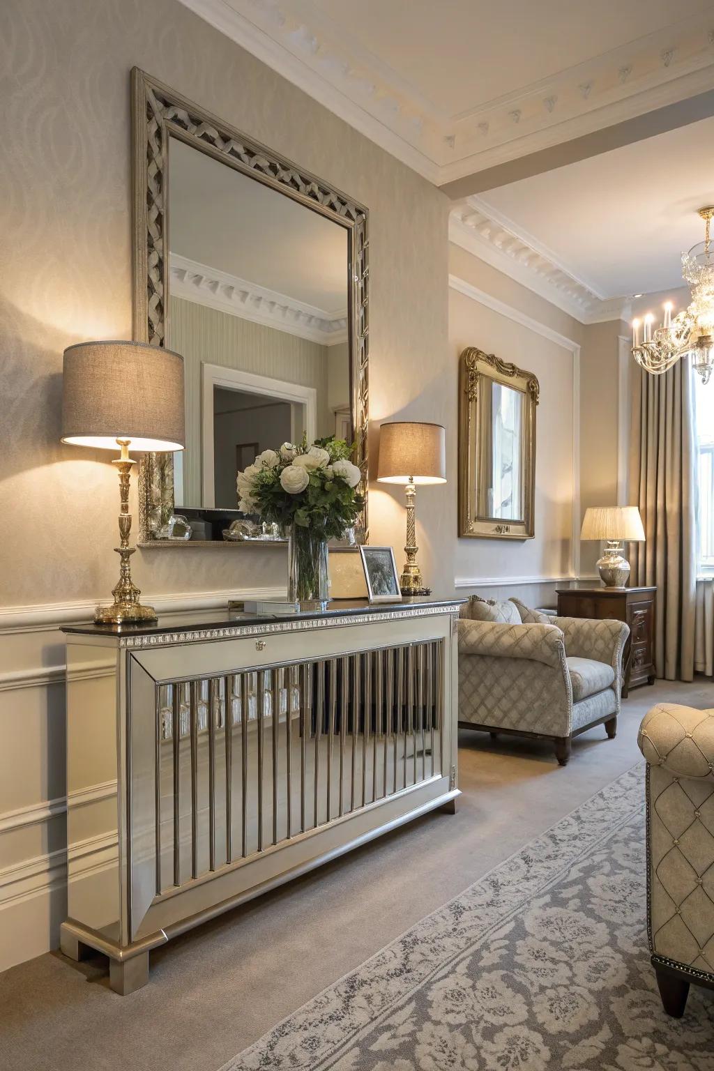 A radiator shield featuring a polished mirrored surface.