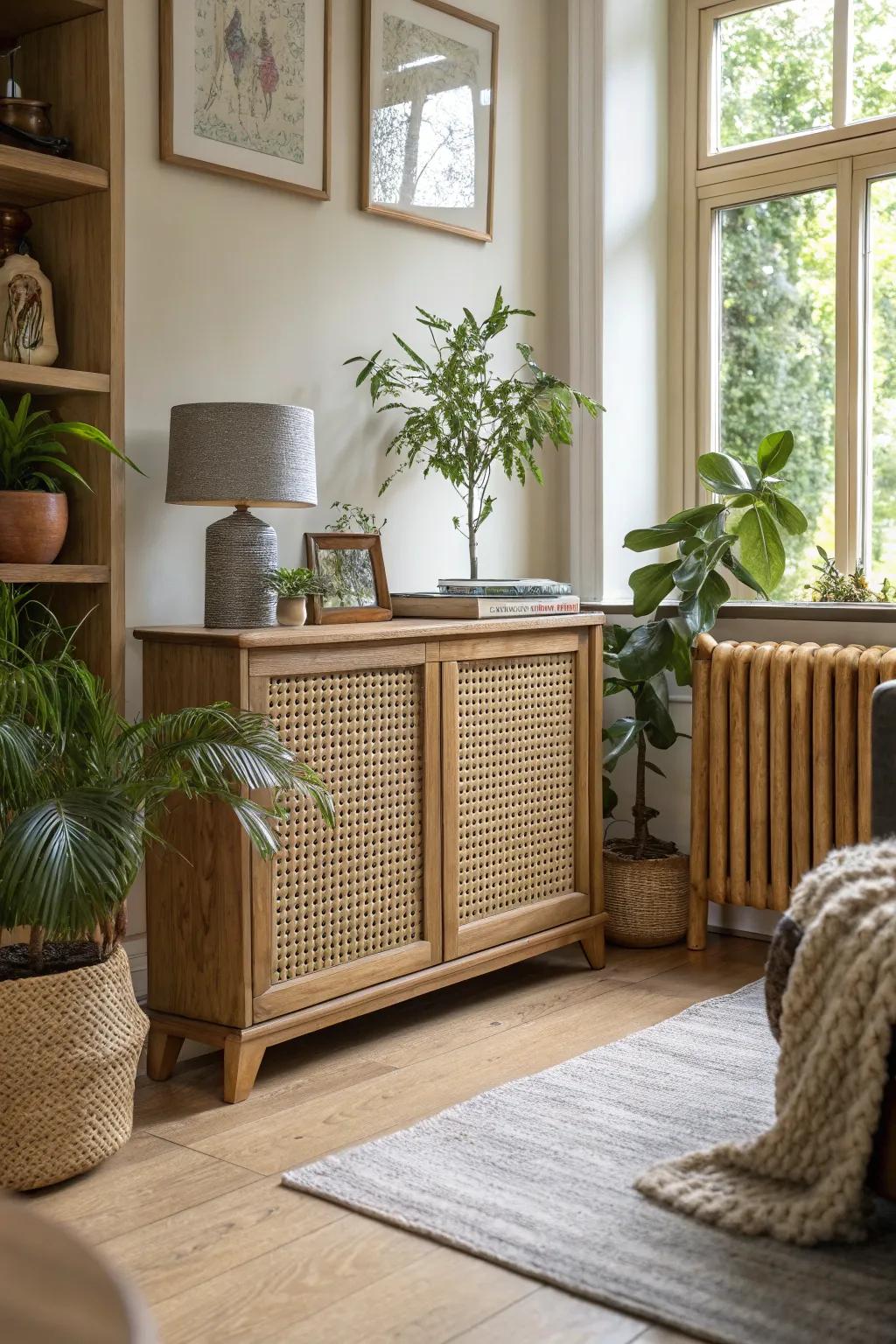 A living space featuring a radiator shield adorned with woven cane.