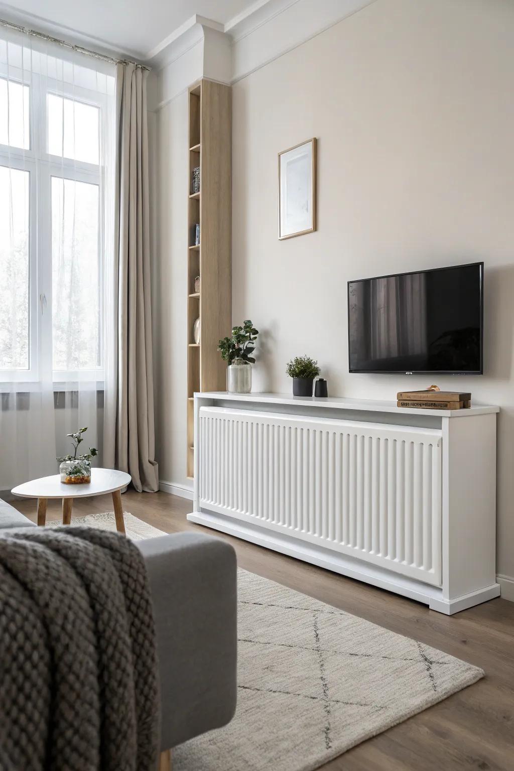 A minimalist living space showcasing a sleek radiator shield.