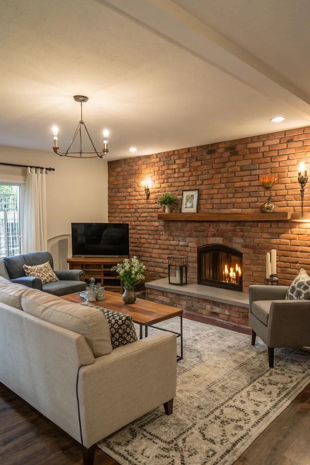 A comfortable living room showcasing an exposed brick accent wall and inviting decor.