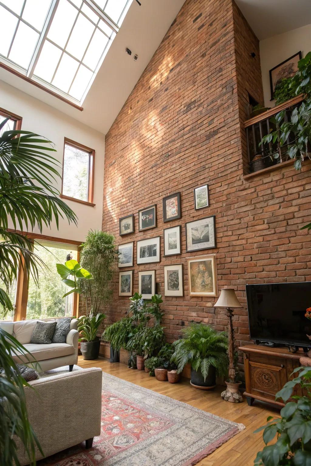 A soaring living space with a substantial brick wall accentuating vertical dimension.