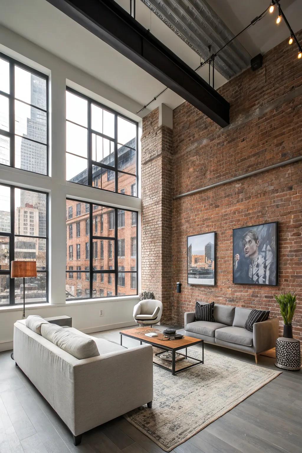 A modern loft with a brick feature wall paying homage to its industrial lineage.