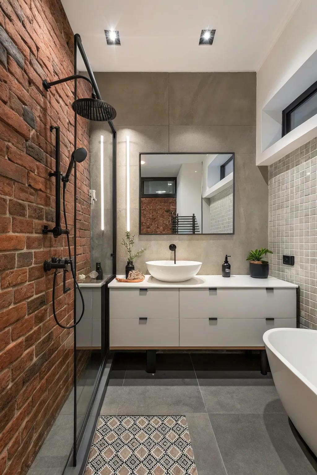 A modern washroom featuring an exposed brick wall, embodying modern sophistication.