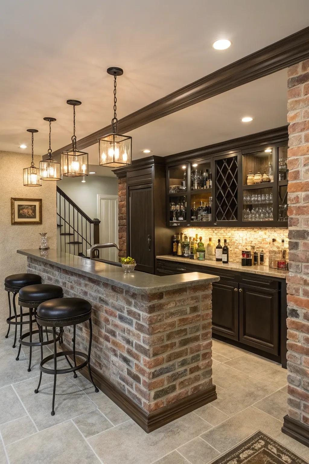 A fashionable home bar with a stylish exposed brick surface backdrop.