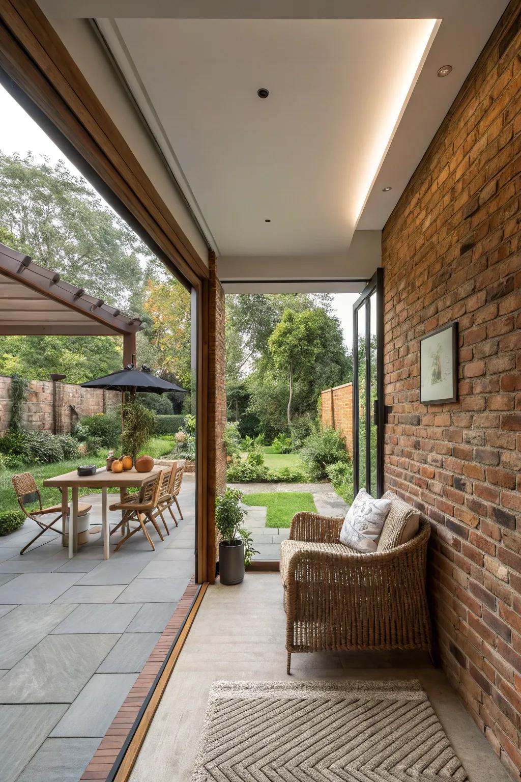 A seamless indoor-outdoor connection with a brick wall associating the interior to a patio.