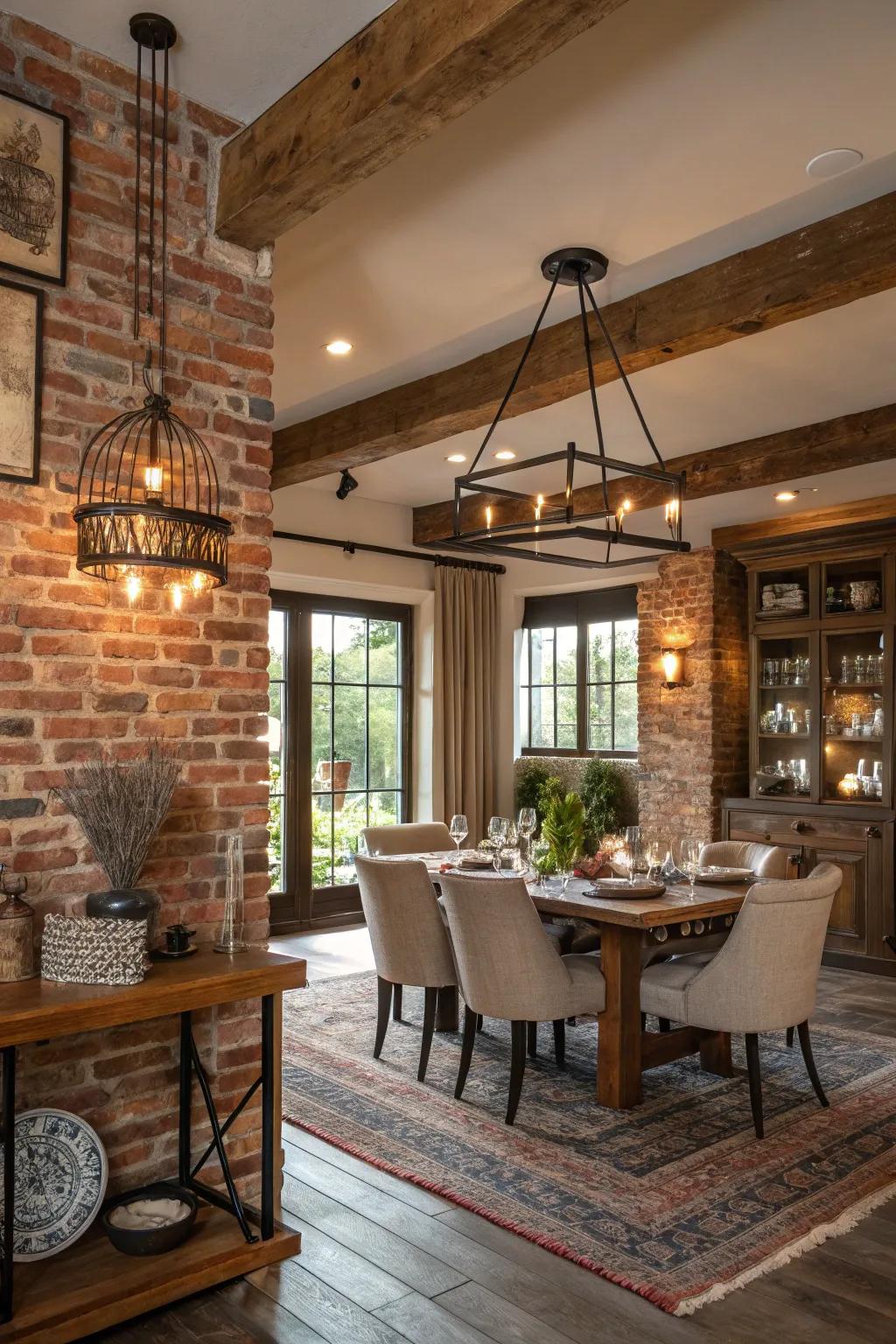 A country-inspired dining space featuring an exposed brick wall, perfect for intimate gatherings.