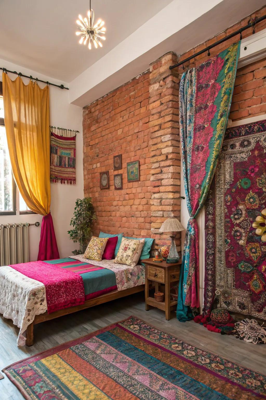 An varied boudoir showcasing an exposed brick surface and vibrant fabrics.