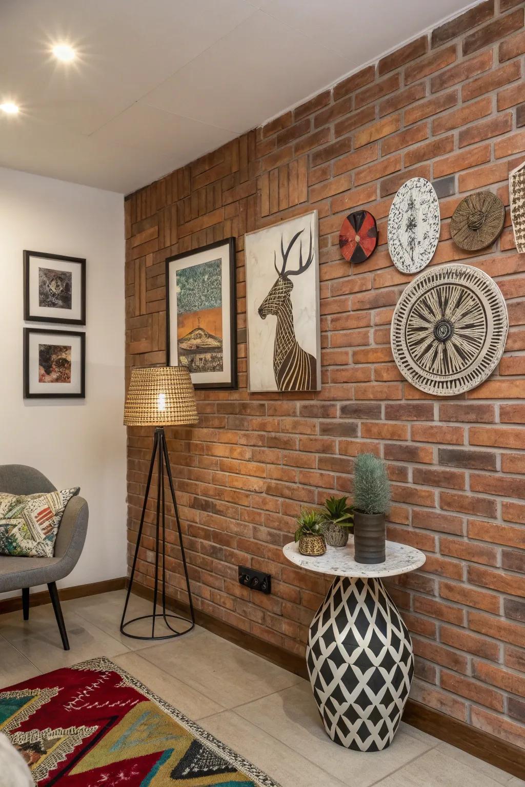 An artistic room with unparalleled art and an exposed brick surface.