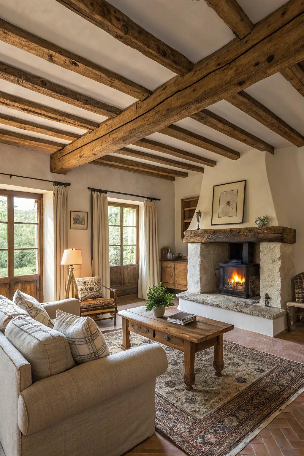 Visible wooden beams impart a feeling of warmth and countryside charm to this family room.