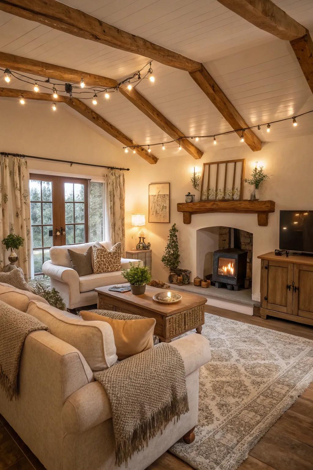 Warm tonalities on the ceiling contribute to the inviting ambiance of this country-style family room.