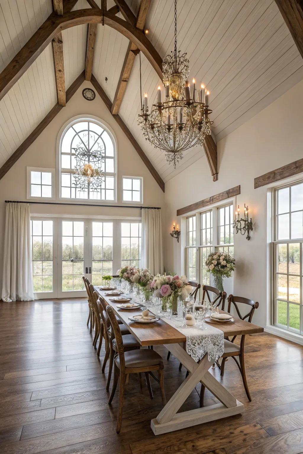 Elevated ceilings foster a spacious and breezy ambiance in this country-style dining area.