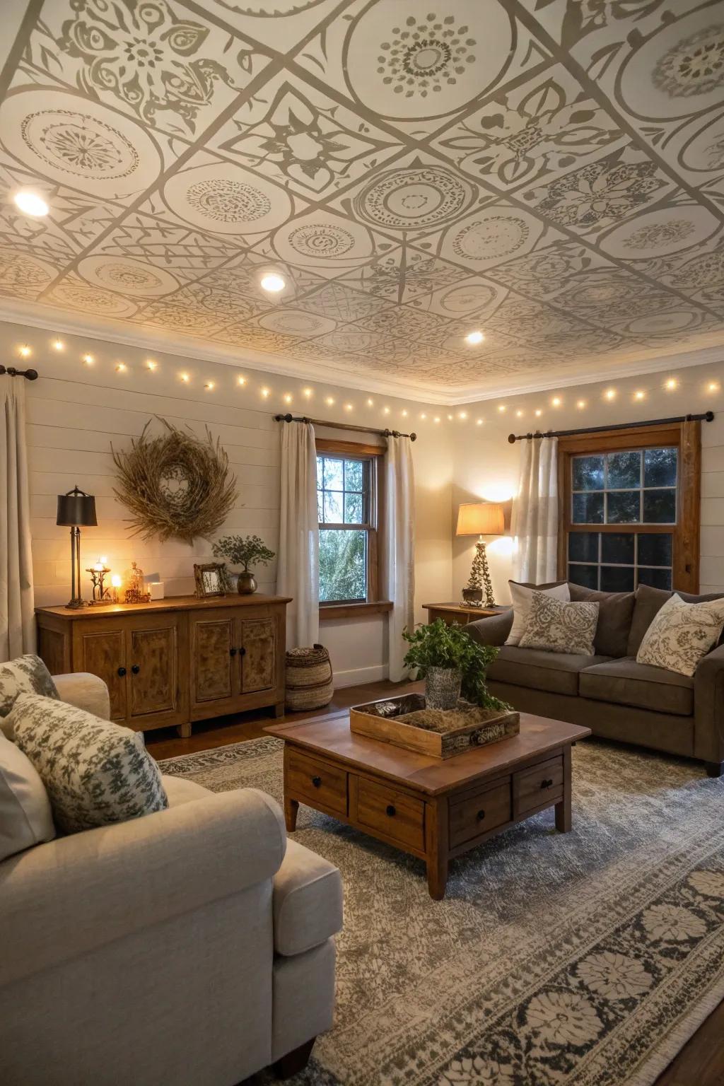 Designs rendered with stencils infuse artistic flair to this country-style family room ceiling.