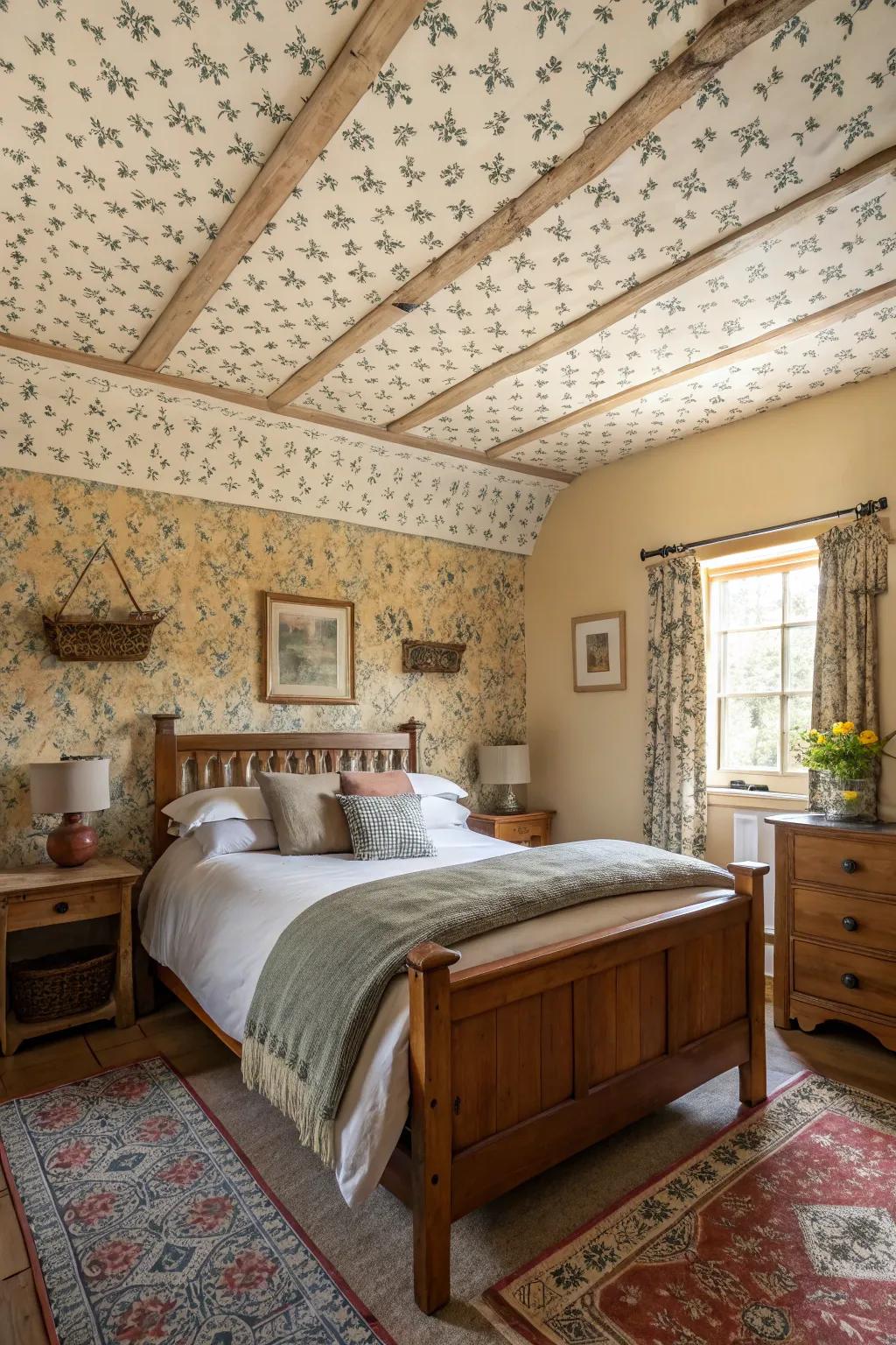 Ceilings with wallpaper usher in singular designs and hues to this country-style slumber chamber.