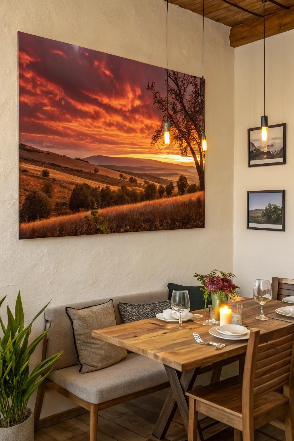 A painted canvas depicting a sunset view, situated in a welcoming dining area