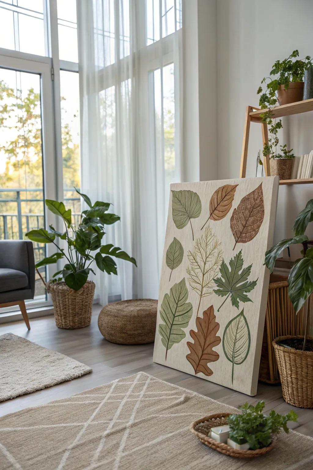 Art with leaf imprints exhibited in a modern living space