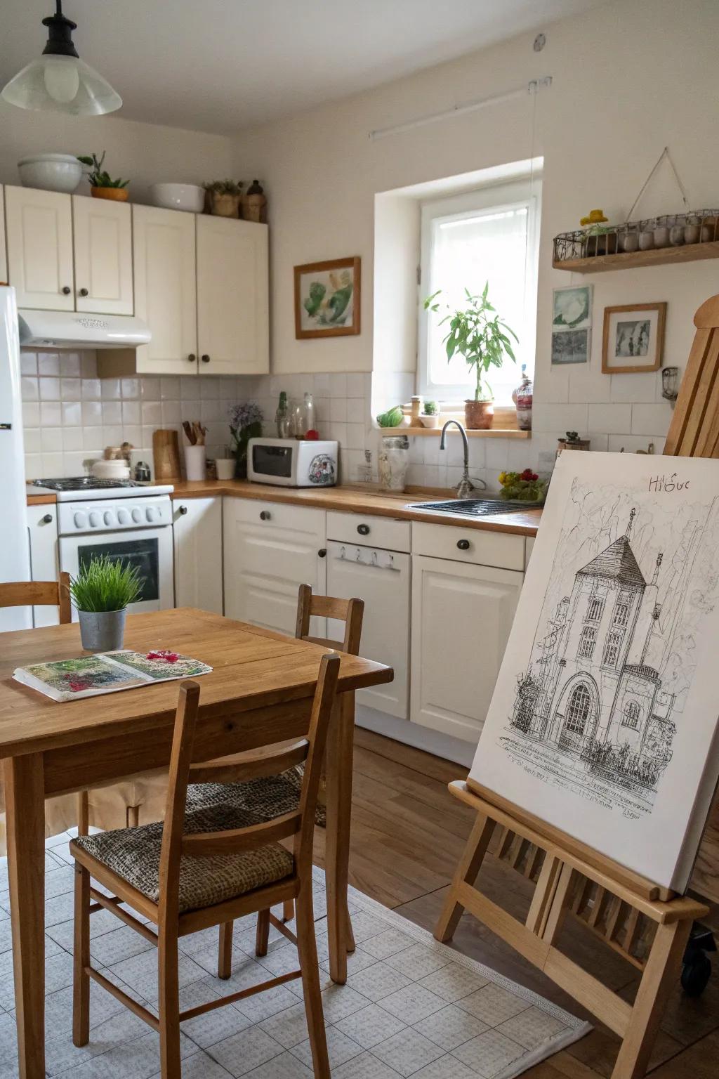 Charming sketch displayed inside a cozy cooking space