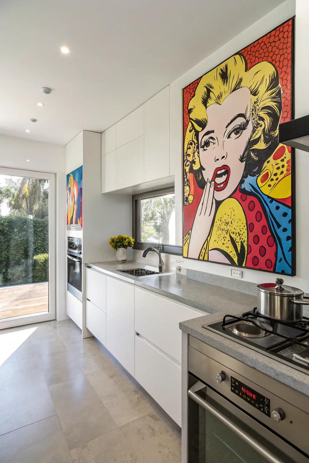 Pop culture themed art shown inside a contemporary cooking space