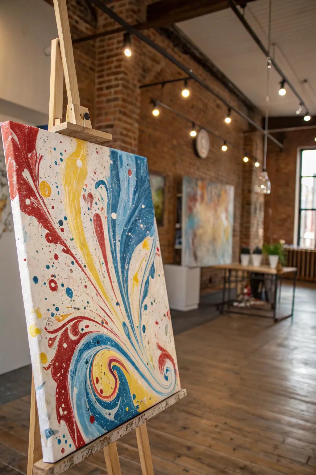 A canvas with drips displayed inside an artist's studio