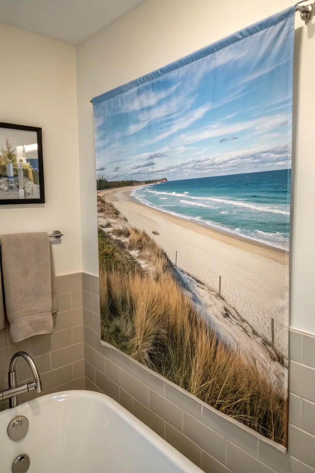 Sea inspired art inside a serene bathroom