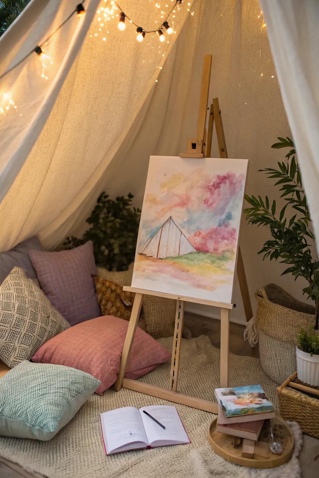 A dreamy scene created with watercolor paints displayed in a reading nook