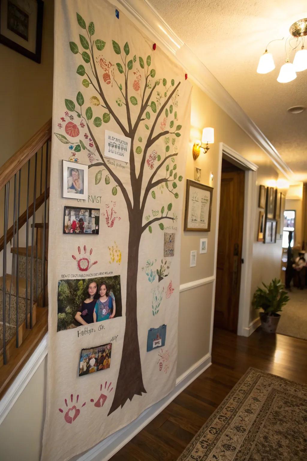 An individualized family tree painting displayed in a hallway