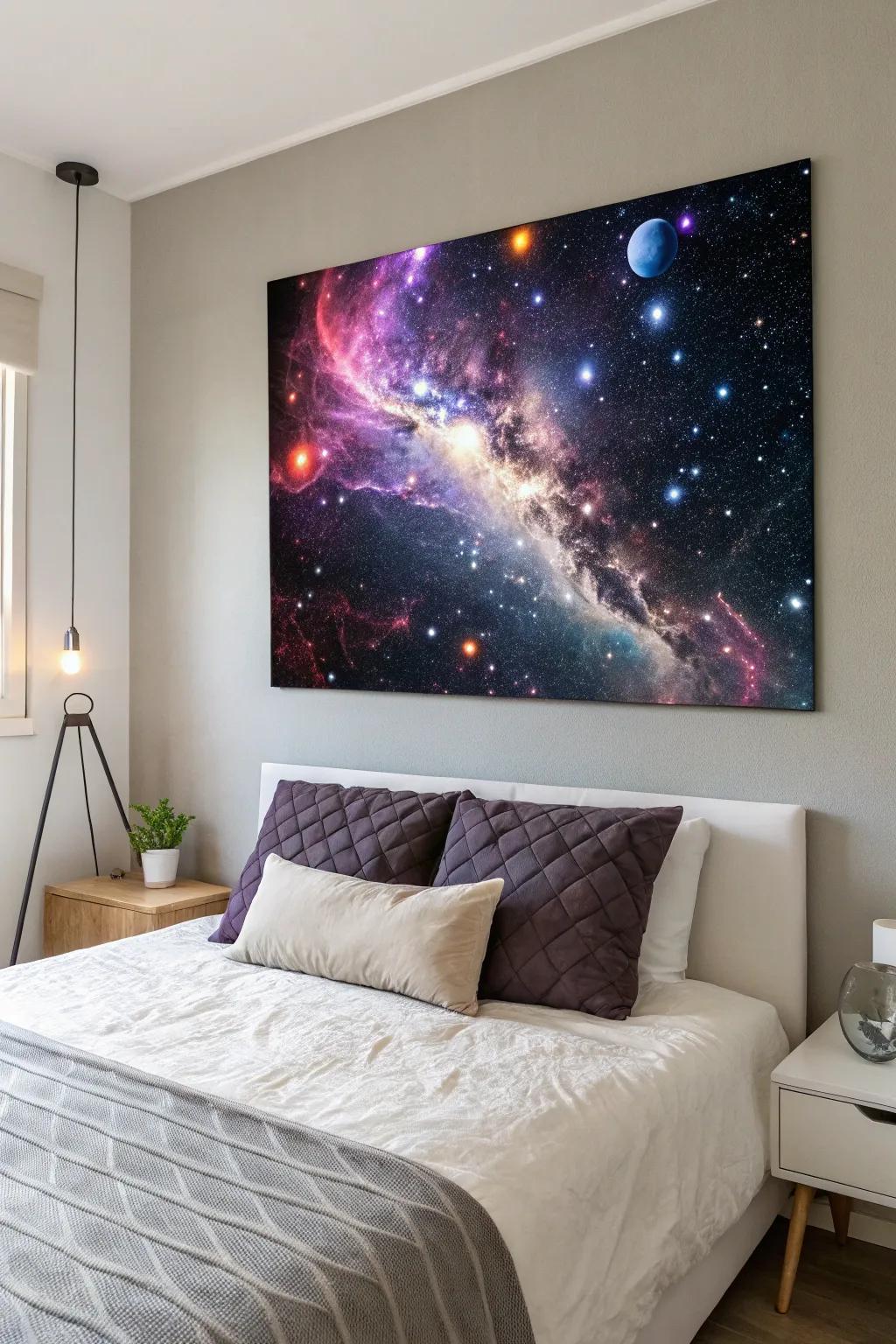 Canvas art exhibiting cosmic themes in a serene sleeping chamber