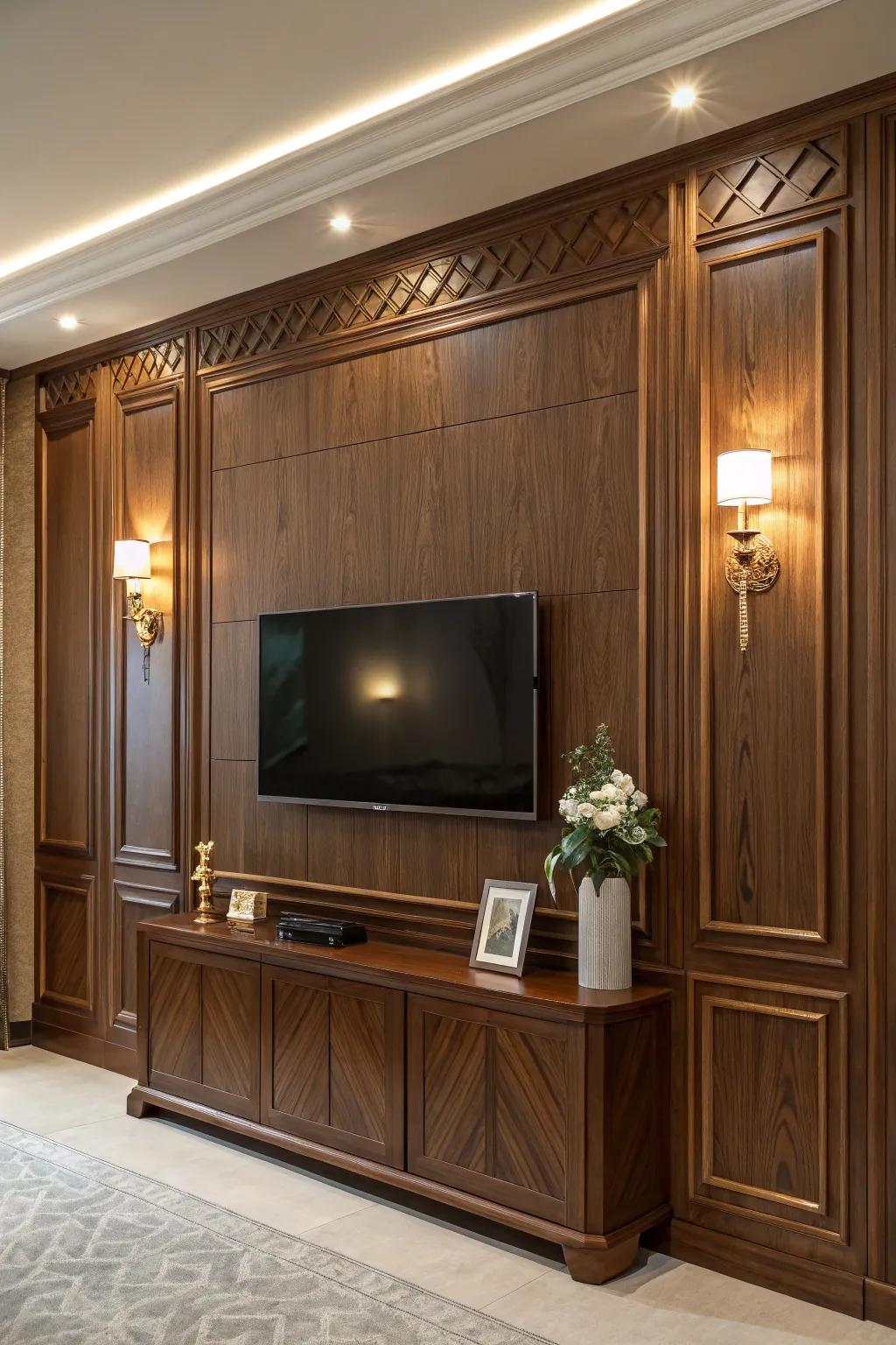 Wood paneling enriches the room with character and warmth.