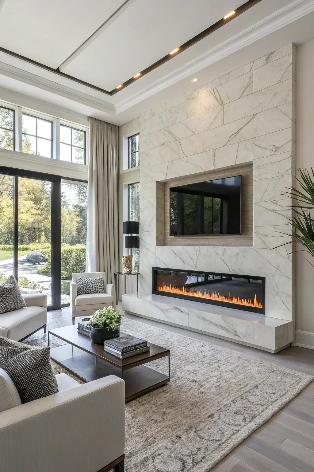 Modern fireplace walls present streamlined design resolutions.