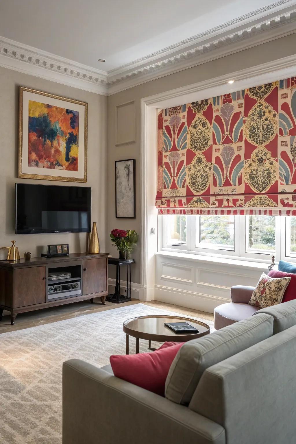Fabric roller blinds present a chic TV concealment.