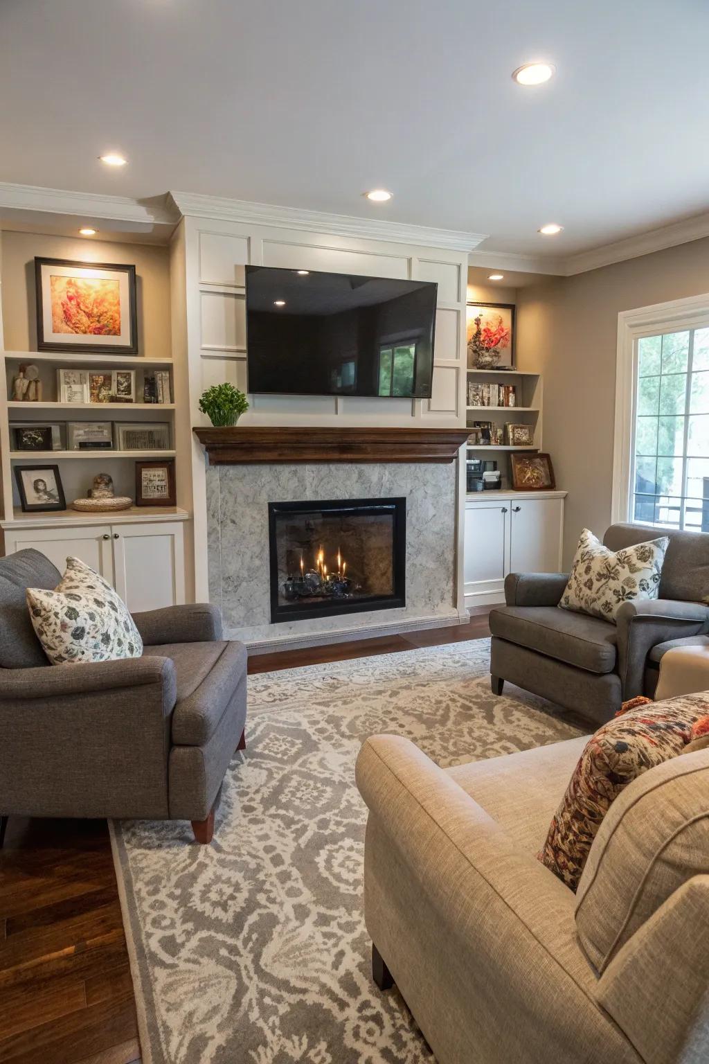 Unite warmth and entertainment through fireplace integration.