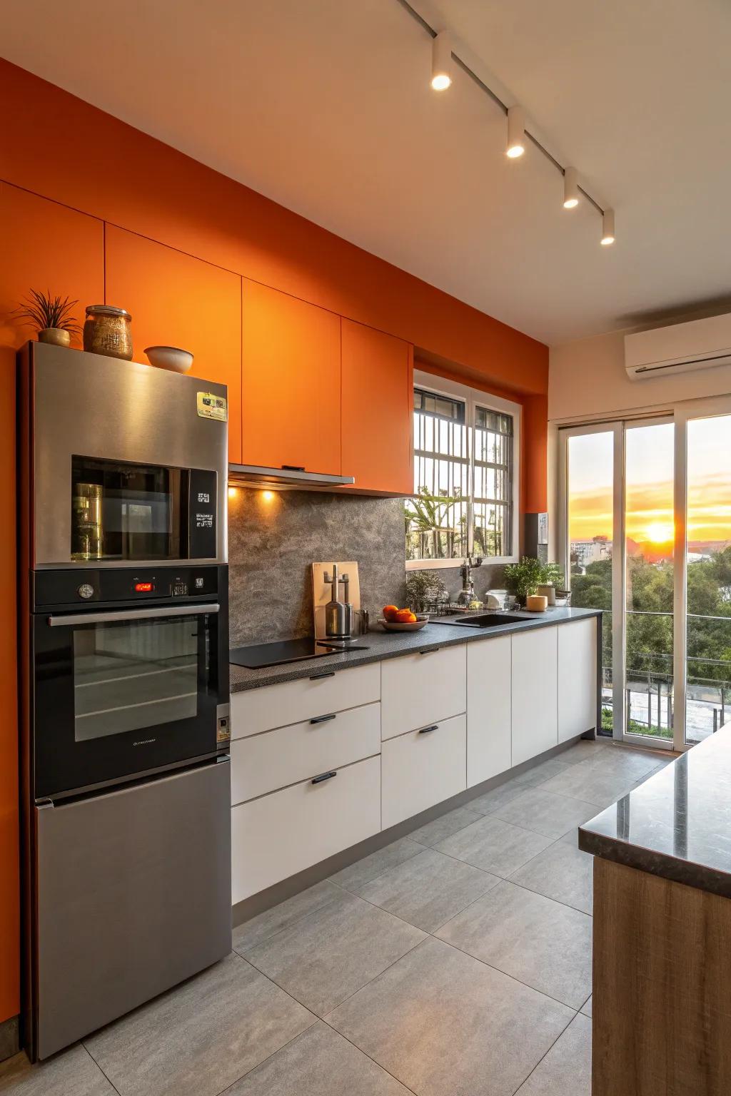 A comforting kitchen with a sunset-inspired accent wall.
