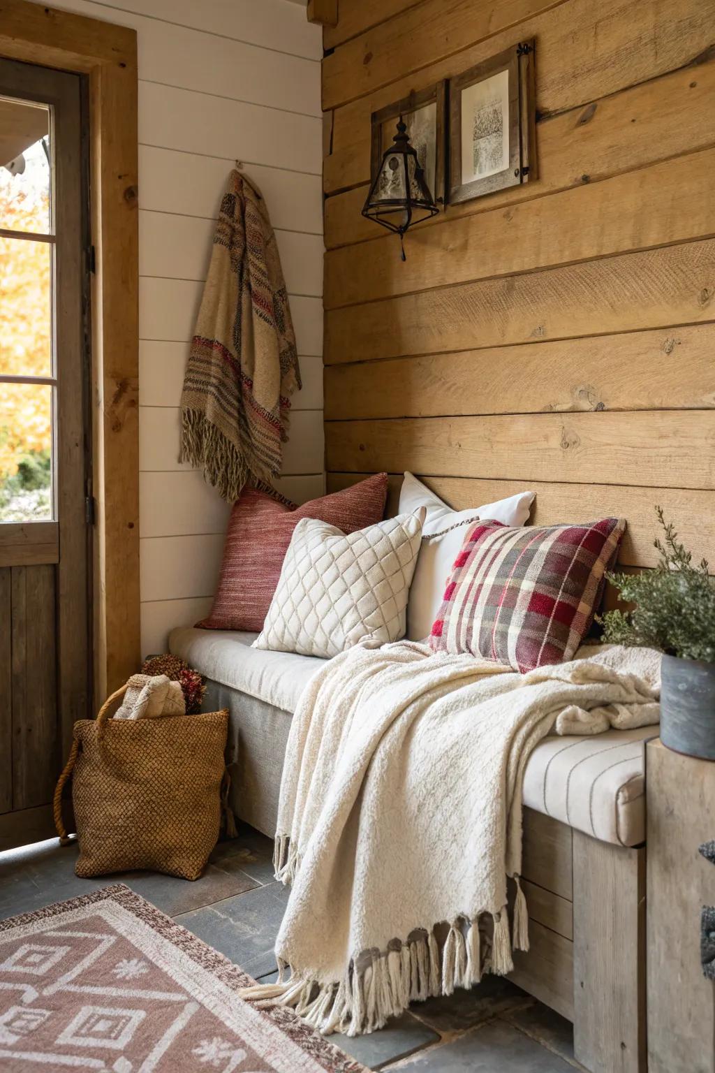 Cozy elements with soft throws and pillows.