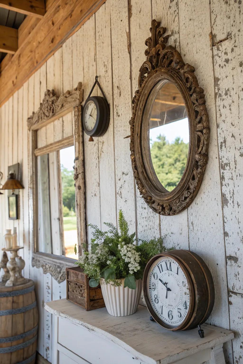 Antique pieces adding a historical touch to farmhouse walls.