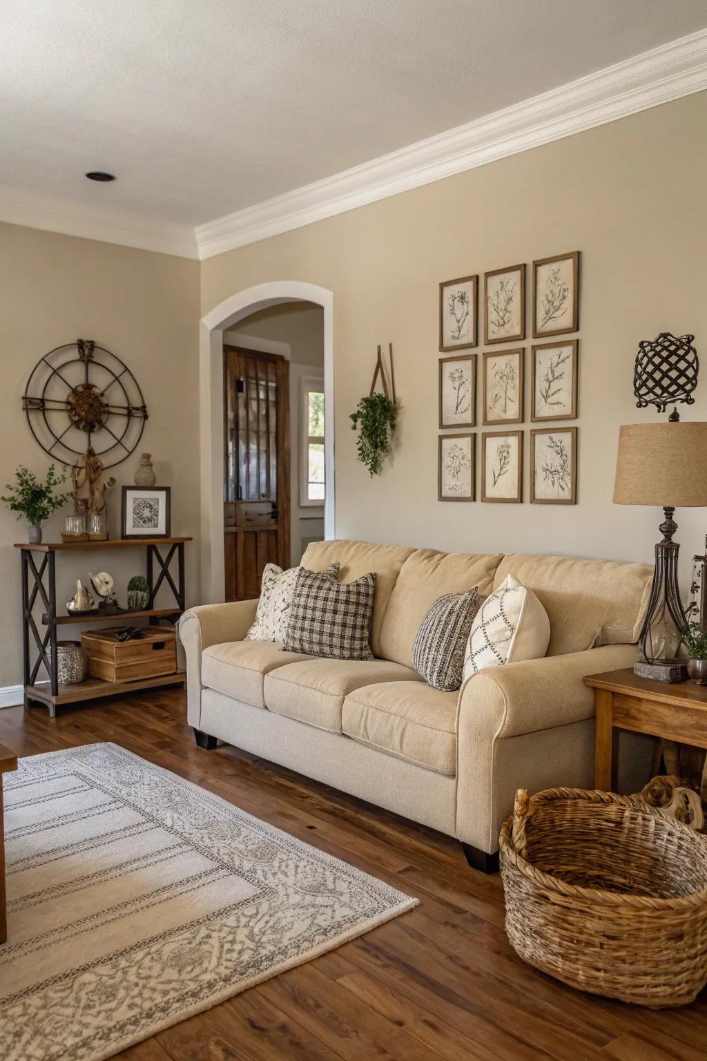 A calming neutral palette in a farmhouse-style living room.