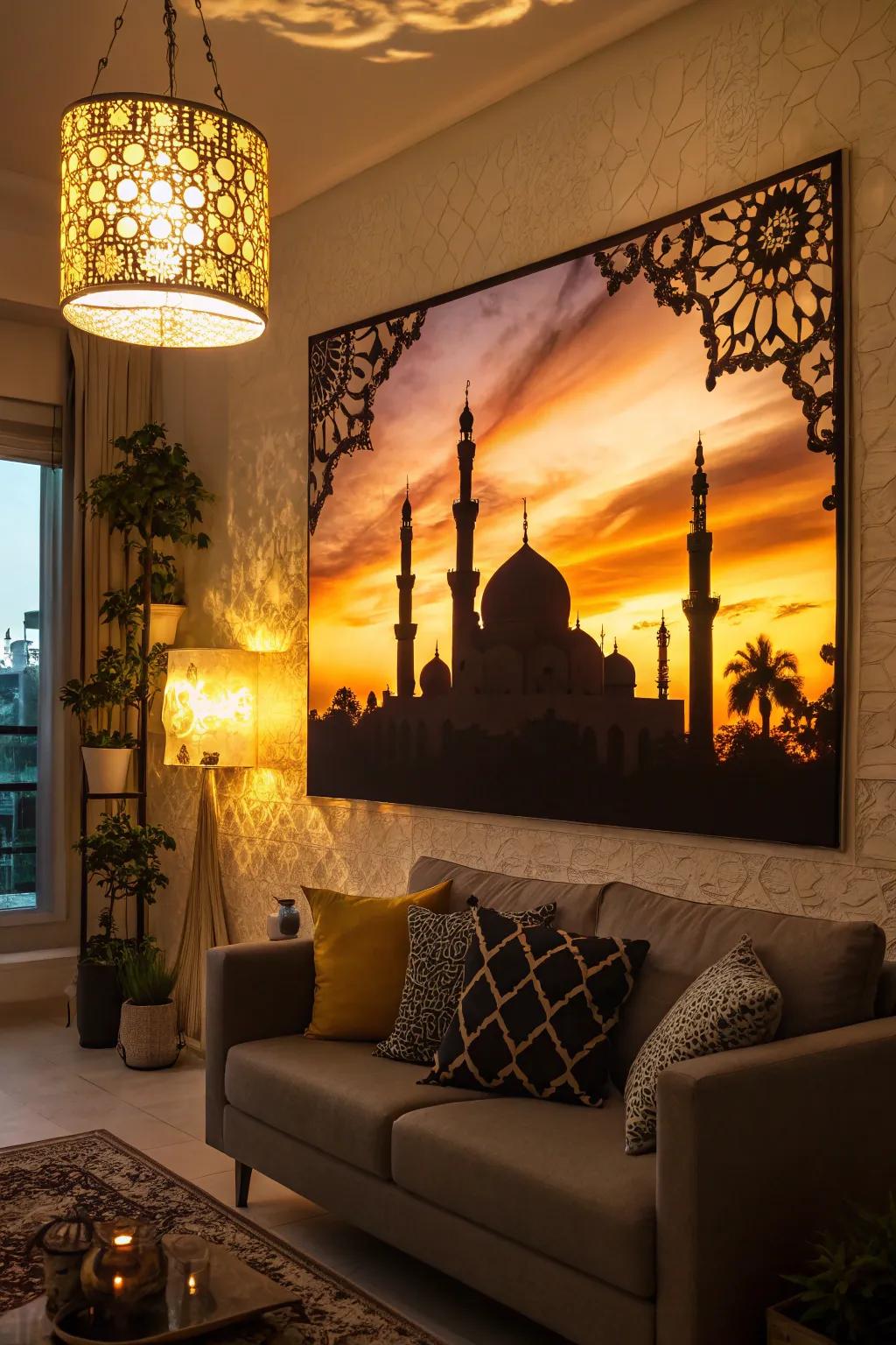 A mosque silhouette painting captures the essence of Islamic architecture beautifully.