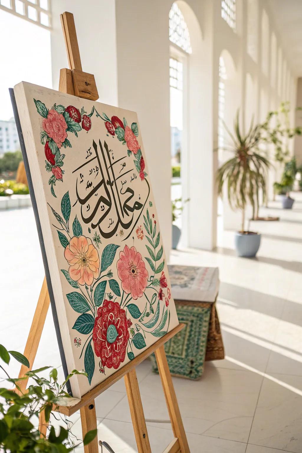 Floral motifs with Arabic calligraphy add a lively and organic feel.