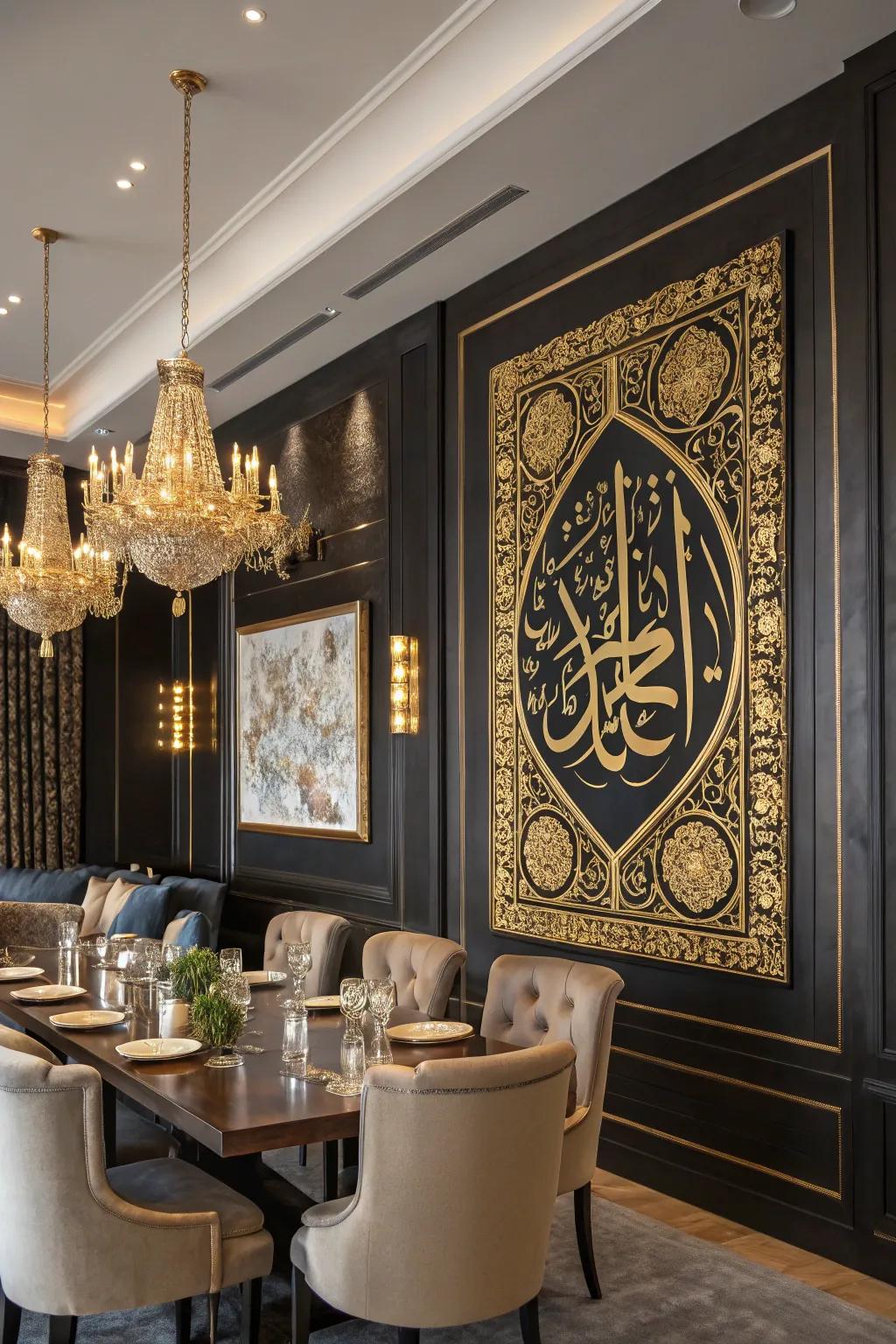 Gold and black paintings add a touch of luxury and tradition.