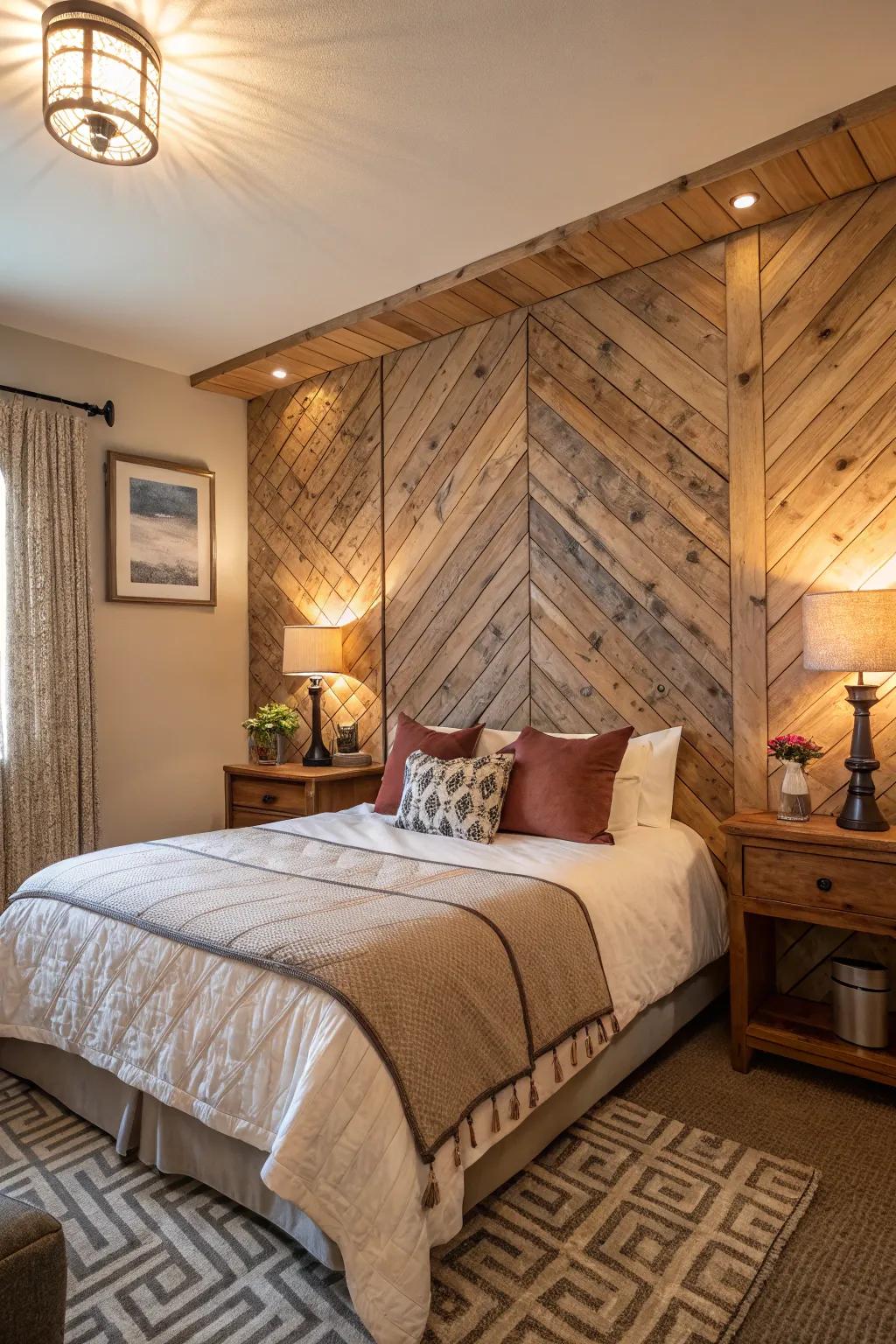 A bedroom with a textured wood panel accent wall.