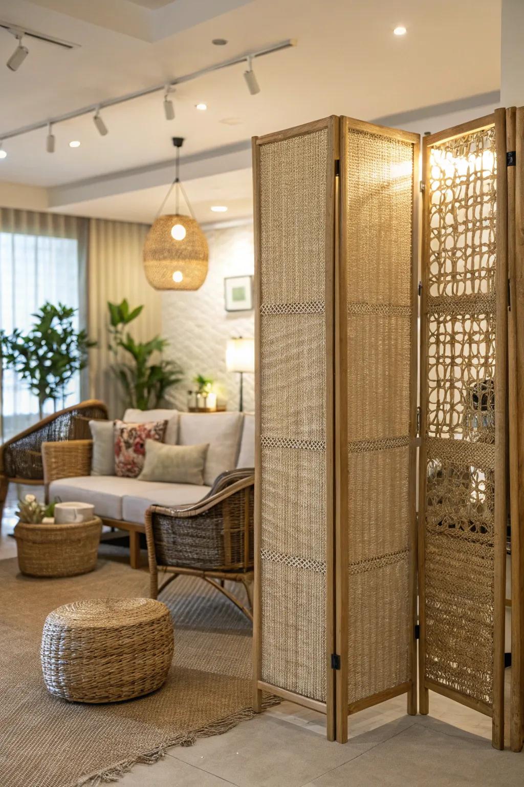 A woven texture partition creating a warm, inviting atmosphere.