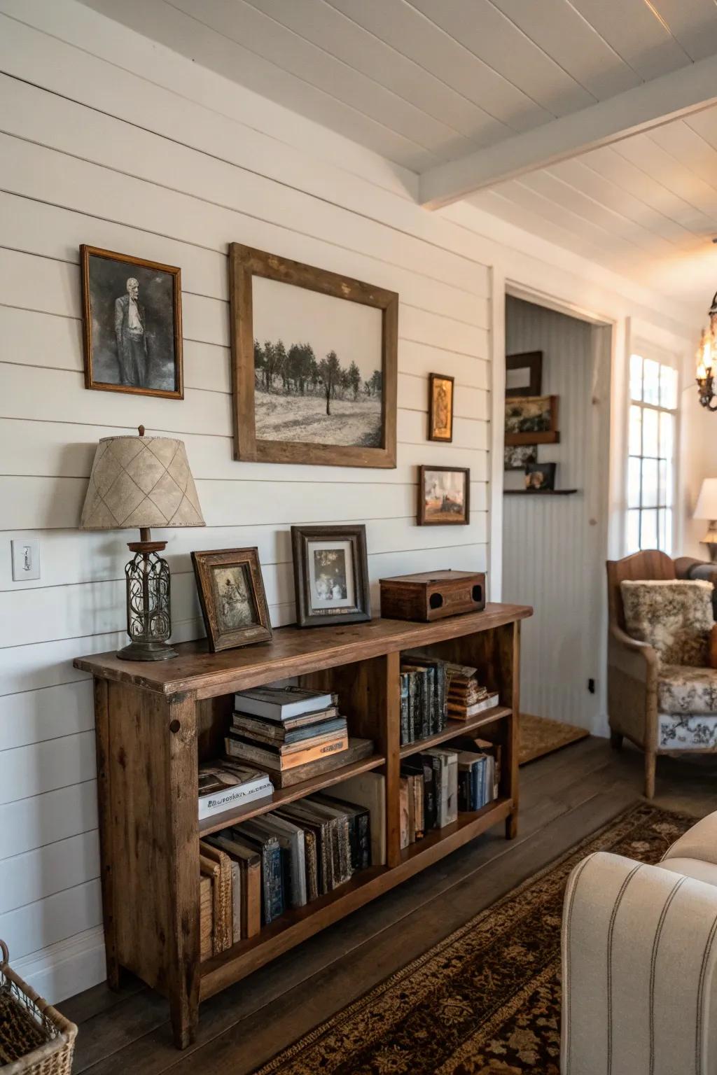 White shiplap walls in a cozy modern farmhouse living room.
