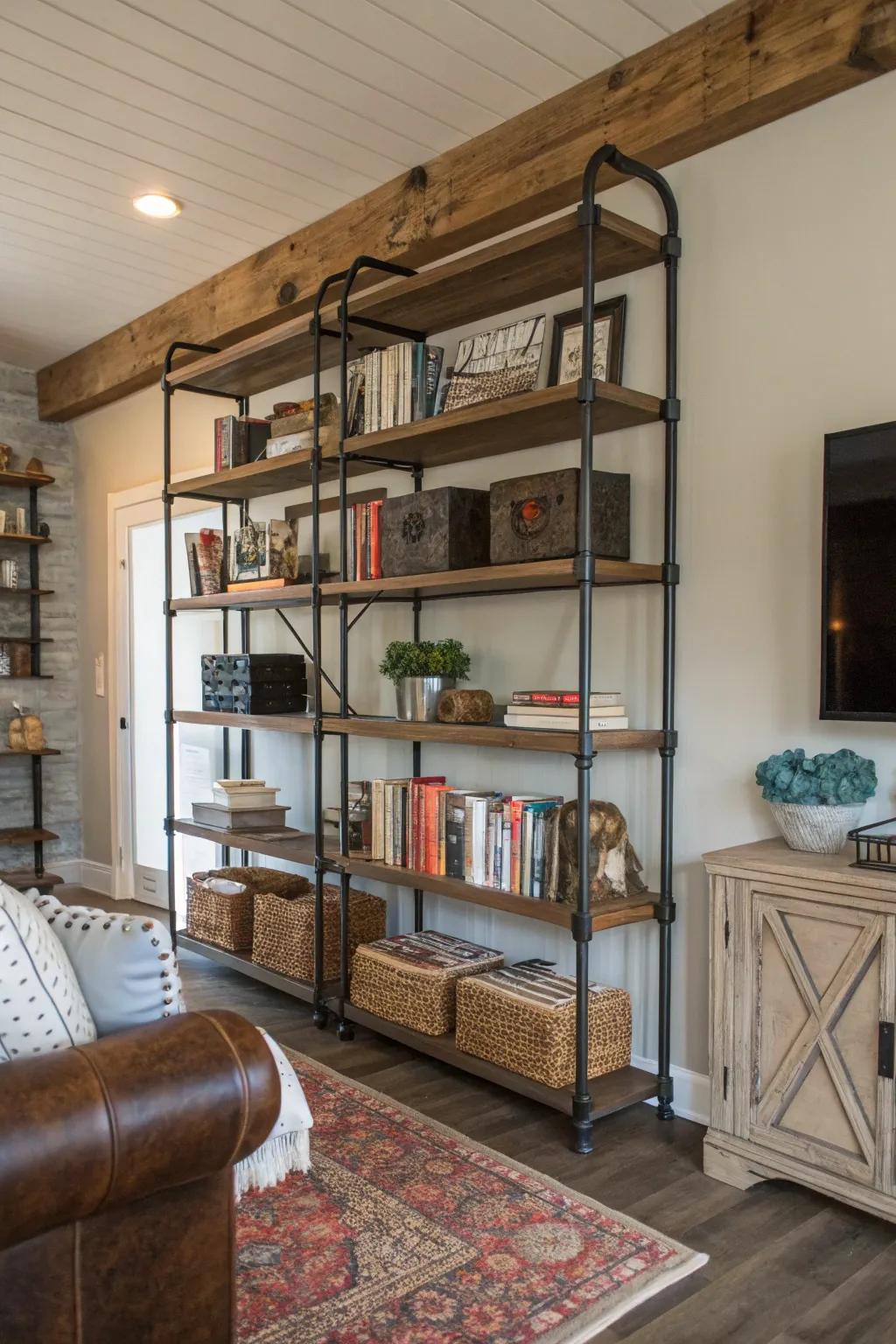 Industrial pipe shelving for a modern farmhouse touch.