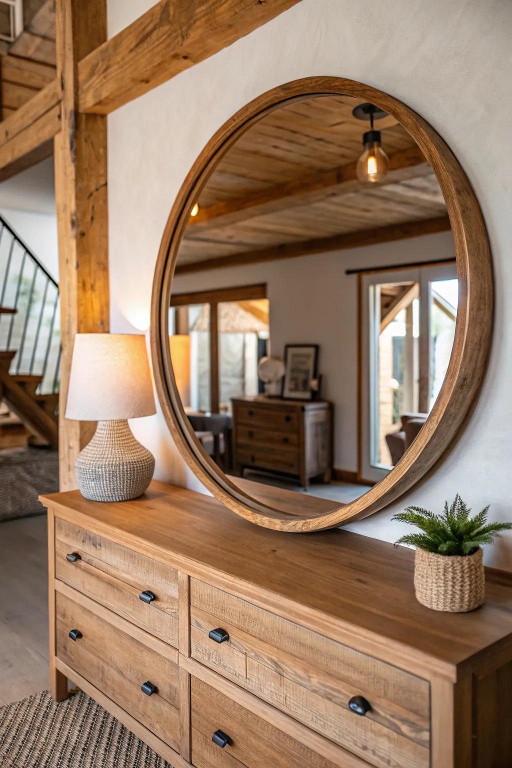 Round wooden-framed mirror in a light-filled farmhouse room.