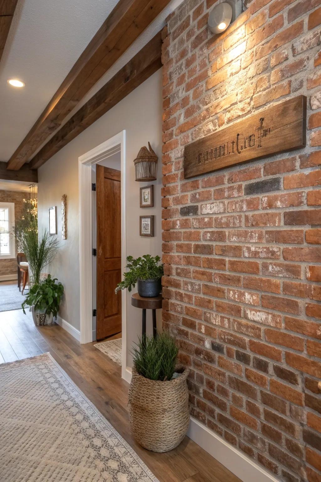 Rustic exposed brick wall in a welcoming entryway.