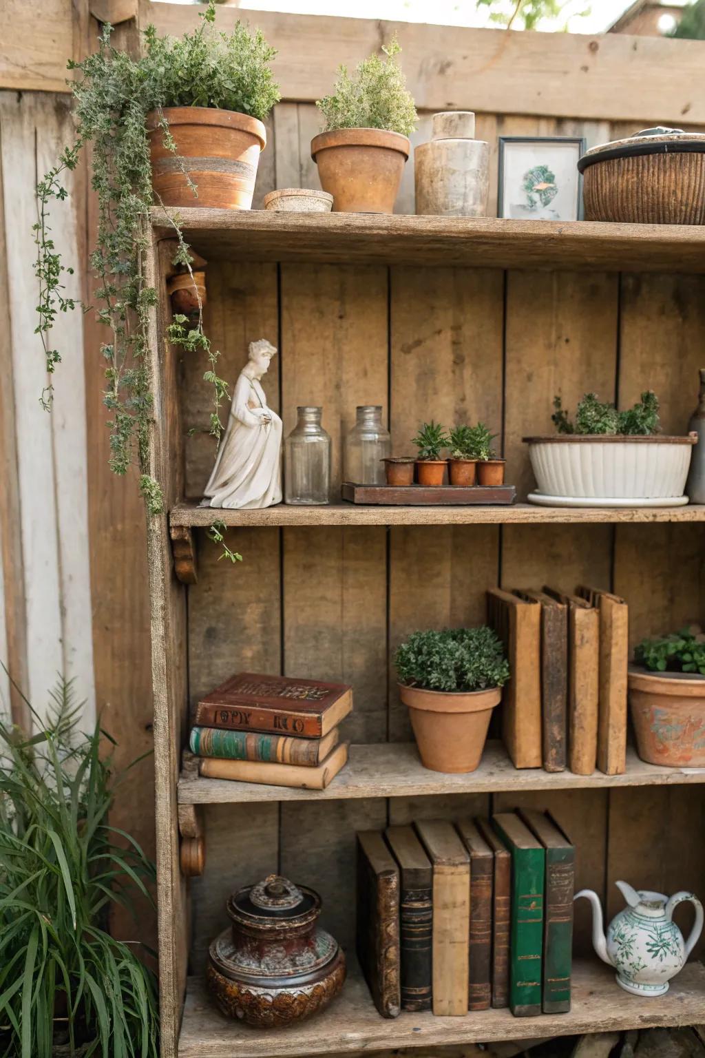 Rustic wood shelves displaying vintage decor and greenery.
