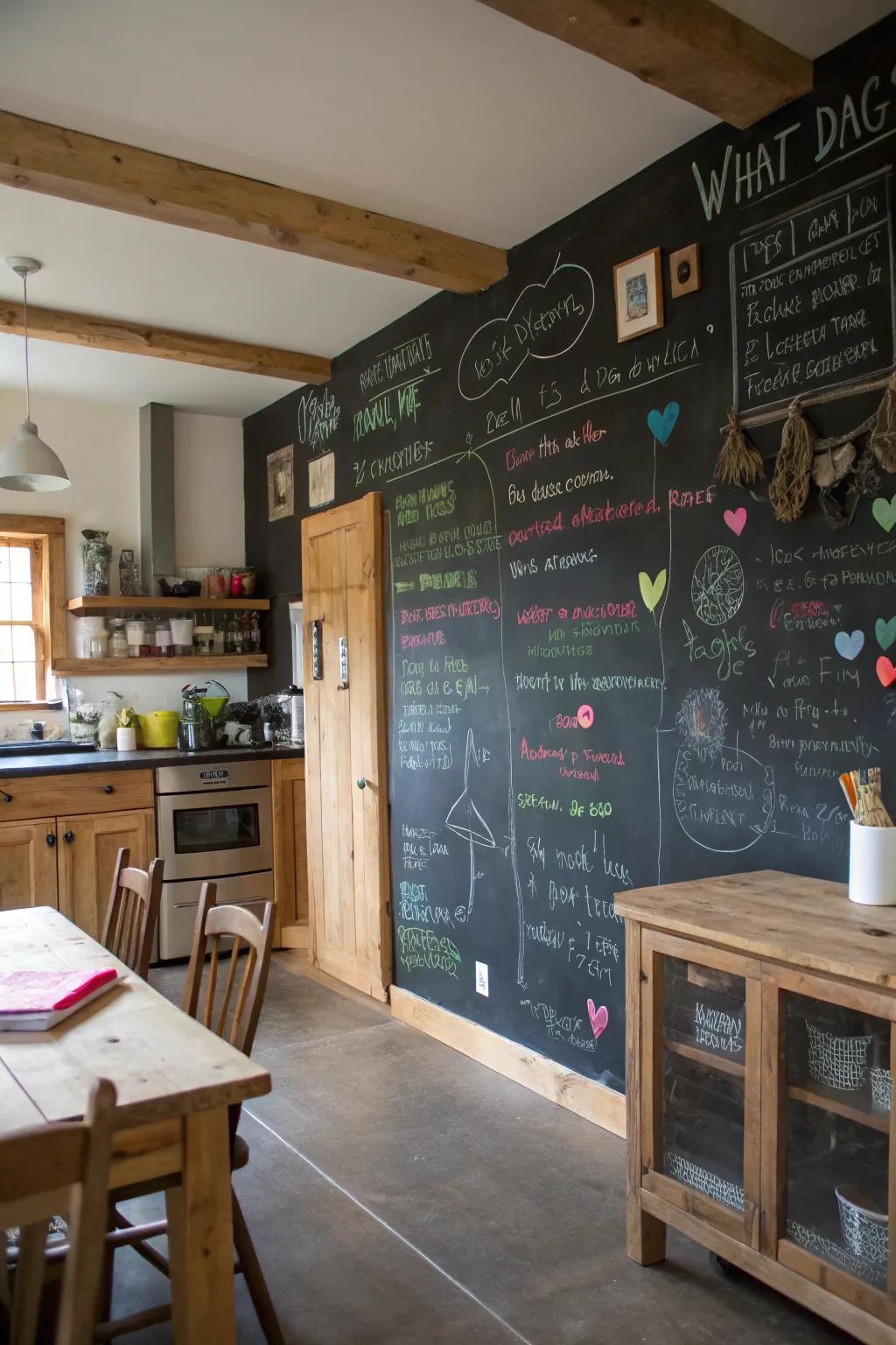 Chalkboard wall for creativity in a farmhouse kitchen.