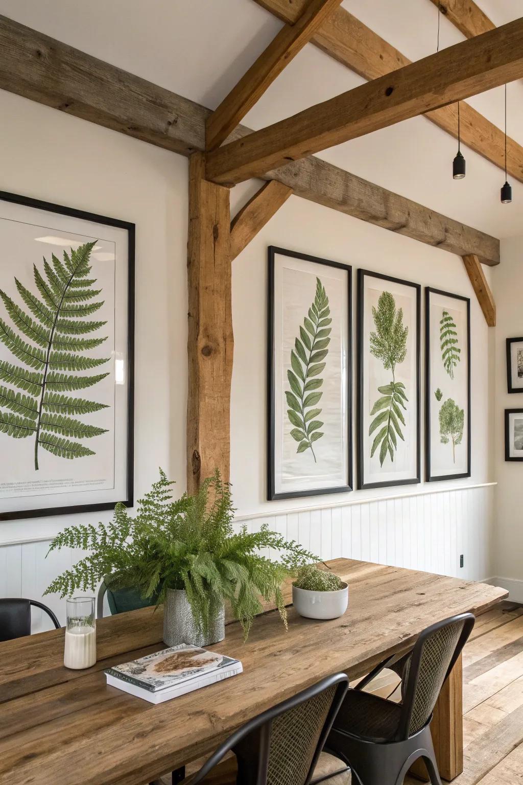 Botanical prints adding a natural touch to a dining room.