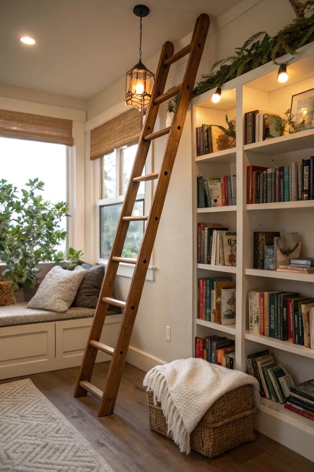 Wooden ladder displaying cozy throws in a reading nook.