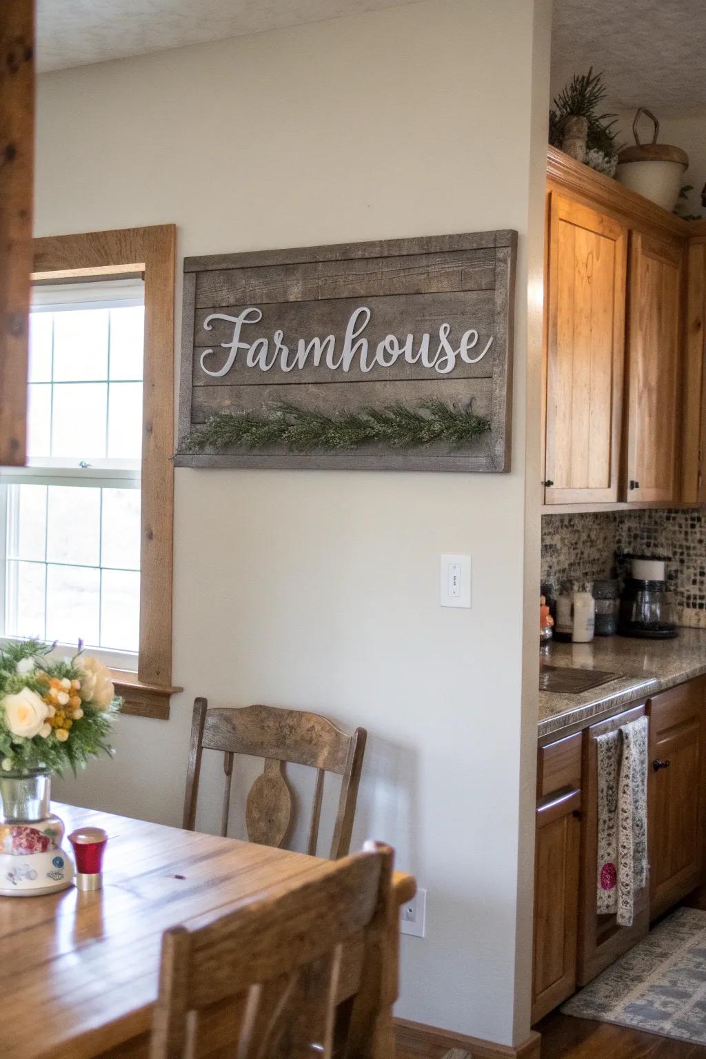 Personalized farmhouse sign in a cozy kitchen.